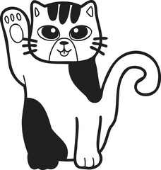 Hand Drawn Maneki Neko or lucky striped cat illustration in doodle style
