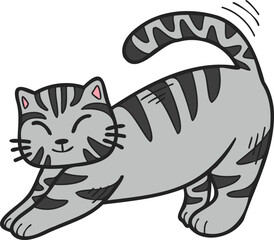 Hand Drawn striped cat stretching illustration in doodle style