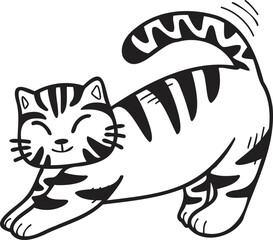 Hand Drawn striped cat stretching illustration in doodle style