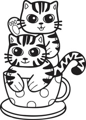 Hand Drawn striped cat or kitten with coffee mug illustration in doodle style