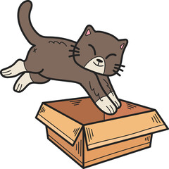 Hand Drawn kitten jumped into the box illustration in doodle style