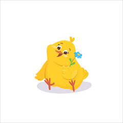 cute chicken with a flower .Spring illustration for Easter, children's magazines, websites. A cheerful yellow chick chick is sitting. cartoon mascot .Vector