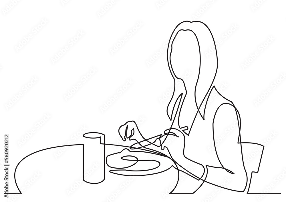 Poster continuous line drawing woman eating behind table - png image with transparent background