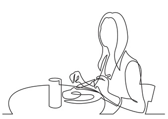 continuous line drawing woman eating behind table - PNG image with transparent background