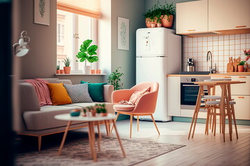 Bright studio apartment in Scandinavian style with studio kitchen Generative AI