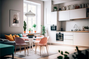 Bright studio apartment in Scandinavian style with studio kitchen Generative AI