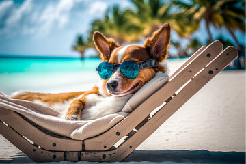 AI generated of funny dog with sunglasses sunbathing on a beach during summer, relax during summertime, vacation concept - obrazy, fototapety, plakaty