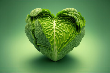 Heart shape made with green cabbage leaves vegetable, ai generative.