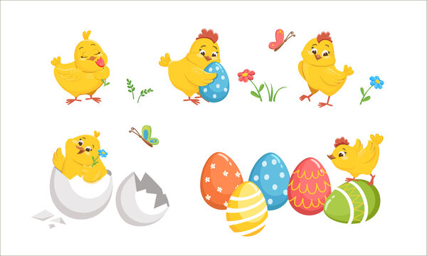Cute baby chickens set in different poses for Easter design. Little yellow cartoon chicks in an egg in different poses.