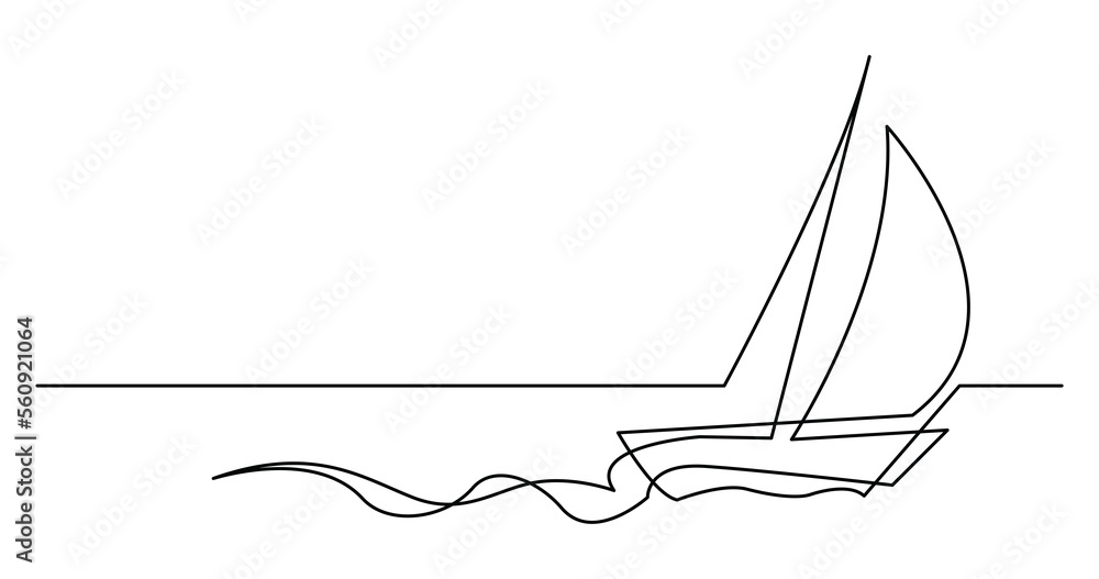 Poster continuous line drawing of beautiful yacht sailing fast on sea - png image with transparent backgrou
