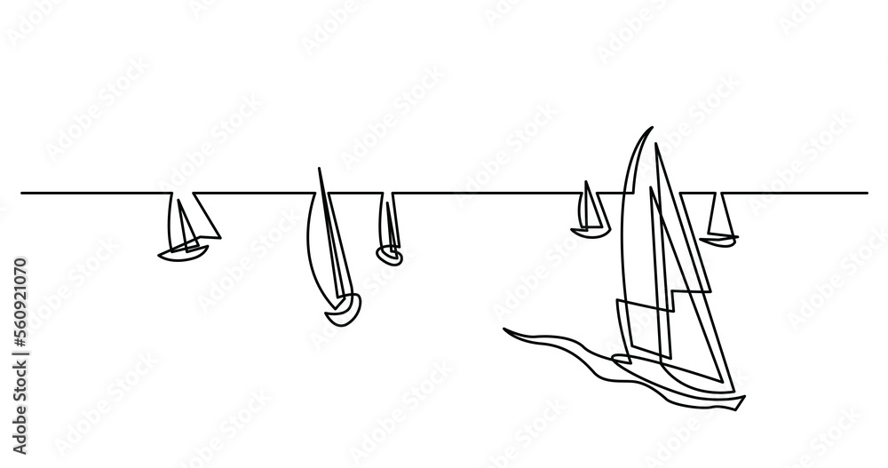 Poster continuous line drawing of bif regatta with yachts sailing on ocean - png image with transparent bac