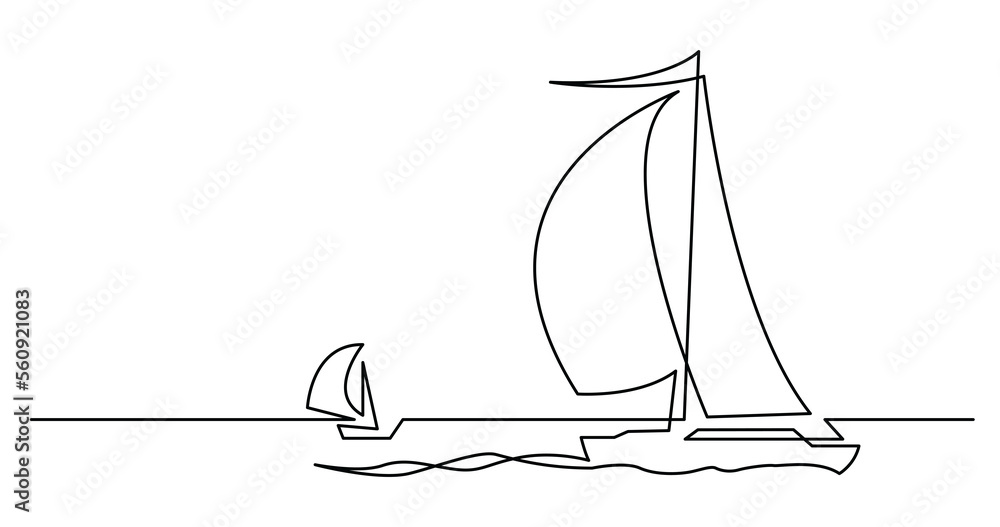 Poster continuous line drawing of two beautiful sailboats sailing on sea with full sails - png image with t