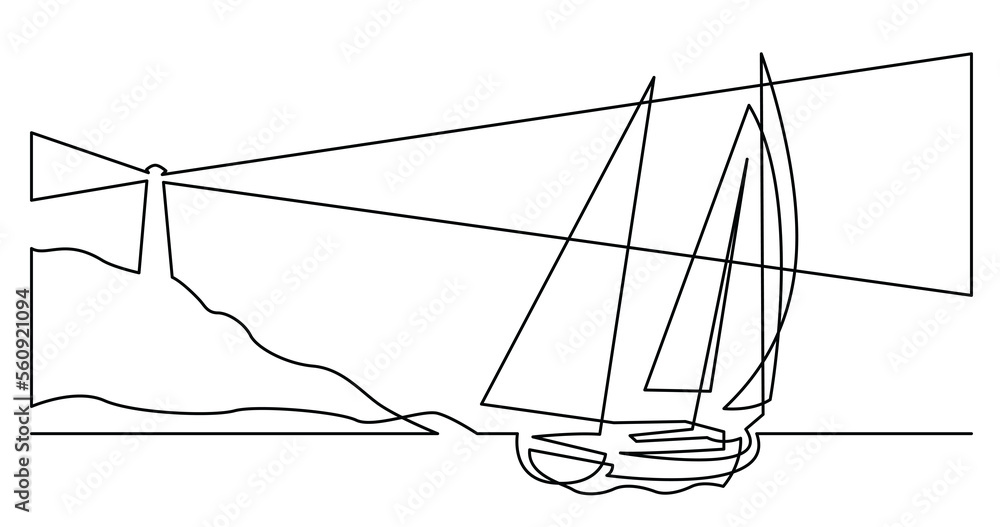 Poster continuous line drawing of yacht sailing near coast with lighthouse - png image with transparent bac