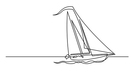 continuous line drawing of beautiful sailboat sailing on sea - PNG image with transparent background