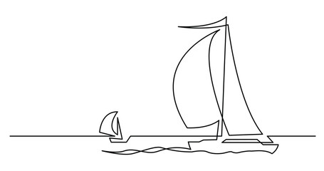 continuous line drawing of two beautiful sailboats sailing on sea with full sails - PNG image with transparent background