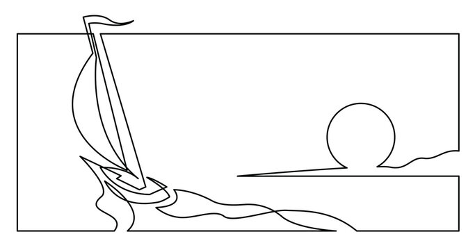 continuous line drawing of yacht sailing fast on sea during sunset - PNG image with transparent background