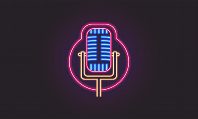 Retro classic old microphone vector neon sign. Microphone vector illustration.