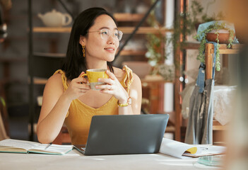Startup, Asian or business woman with coffee thinking and daydreaming for networking strategy or blog content search. Focus, tea or girl with laptop looking out window for creative social media idea - obrazy, fototapety, plakaty