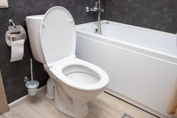 Modern bathroom interior in luxury house. Contemporary black and white bathroom design.