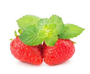 Fresh strawberry, mint sheets isolated on white background