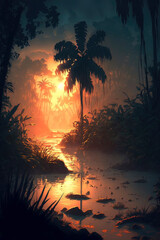 beautiful sunset scenery jungle with palm trees