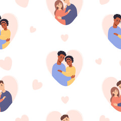 Seamless pattern with couple in love. Happy black and fair-skinned enamored people on white background with hearts. Vector illustration. Romantic endless background, valentine packaging