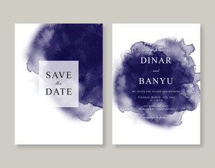 Elegant wedding invitation template with blue watercolor splash