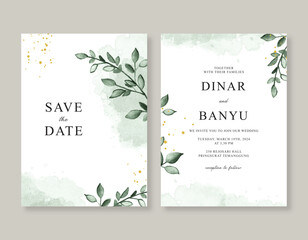 elegant wedding invitation with green leaves watercolor