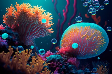 corals of marine aquarium. Flower sea living coral and reef color under deep dark water of sea ocean environment. generative ai
