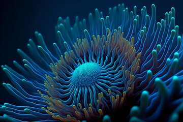 Naklejka na ściany i meble corals of marine aquarium. Flower sea living coral and reef color under deep dark water of sea ocean environment