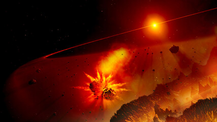 Alien planet landscape with falling meteorites. Space in red colors. Elements of this image furnished by NASA. © elen31