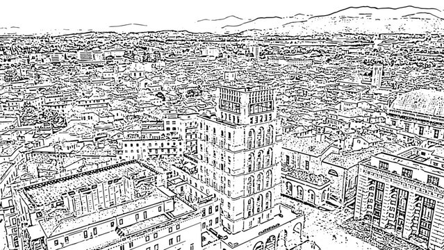 Brescia, Italy. The building on Victory Square. Telegraph. Doodle sketch style. Aerial view