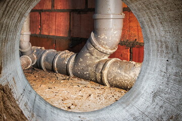 Sewer pipes in home basement. System of gray sanitary pipes when building a house. Sewer...