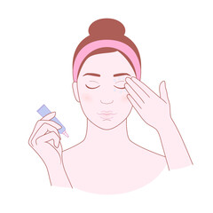 Young beautiful woman is using a eye cream. Illustration on transparent background