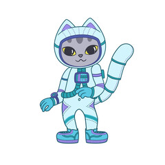 Cute dancing cat in a spacesuit. Astronaut kitten. Illustration on transparent background
