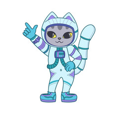 Cute dancing cat in a spacesuit. Astronaut kitten. Illustration on transparent background