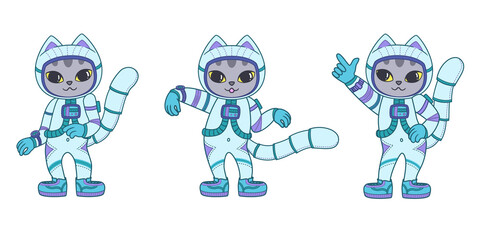 Collection of cute dancing cats in a spacesuits. Astronaut kitten. Illustration on transparent background
