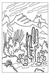 Blooming cactus in the desert. Arizona landscape. Coloring book antistress for children and adults.
