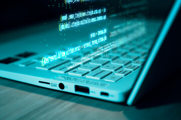 computer programming on laptop, source code shows on laptop keyboard
