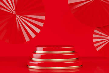 3d rendering modern red and gold pedestal podium and modern geometry on red background