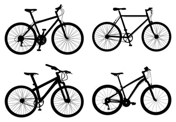 Bicycle silhouettes in different styles. Vector illustration.