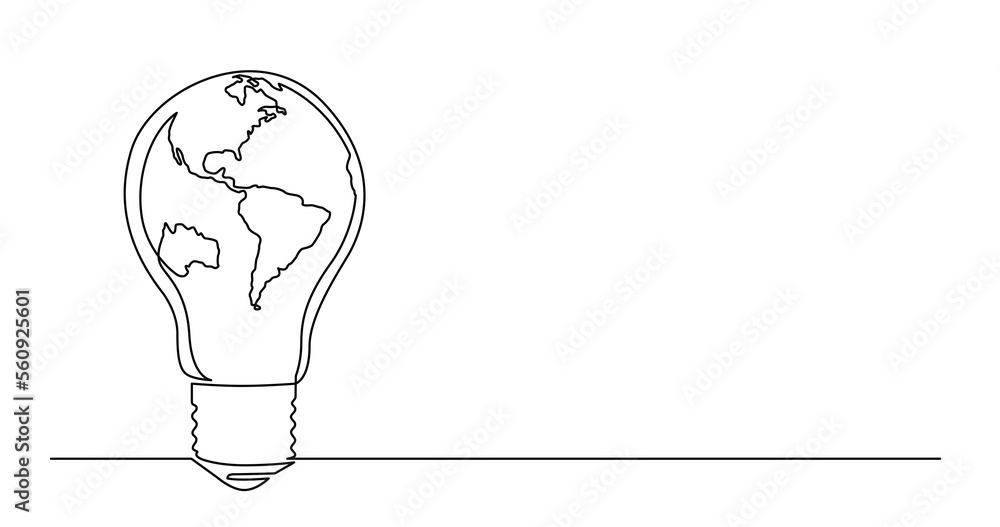 Poster continuous line drawing of planet earth as a light bulb - png image with transparent background