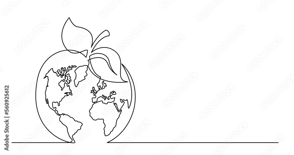 Poster continuous line drawing of world planet earth an apple fruit - png image with transparent background