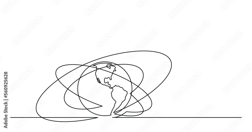 Poster continuous line drawing of world planet earth with orbits - png image with transparent background