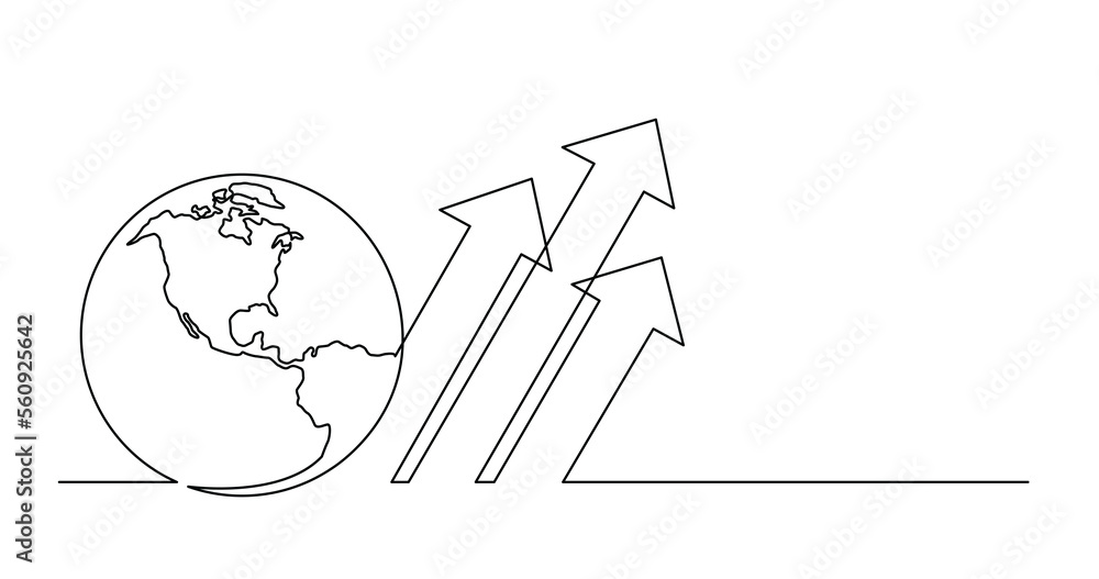 Poster continuous line drawing of world planet with business chart arrows - png image with transparent back