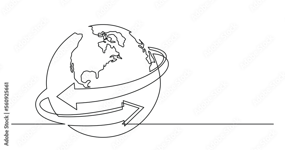 Poster continuous line drawing of world planet with connection arrows - png image with transparent backgrou