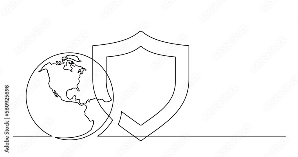 Poster continuous line drawing of world planet with protection security shield icon - png image with transp