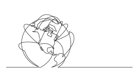 continuous line drawing of world planet earth with airlines flights - PNG image with transparent background