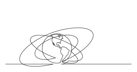 continuous line drawing of world planet earth with orbits - PNG image with transparent background
