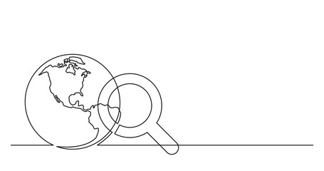 continuous line drawing of world planet with looking glass search icon - PNG image with transparent background